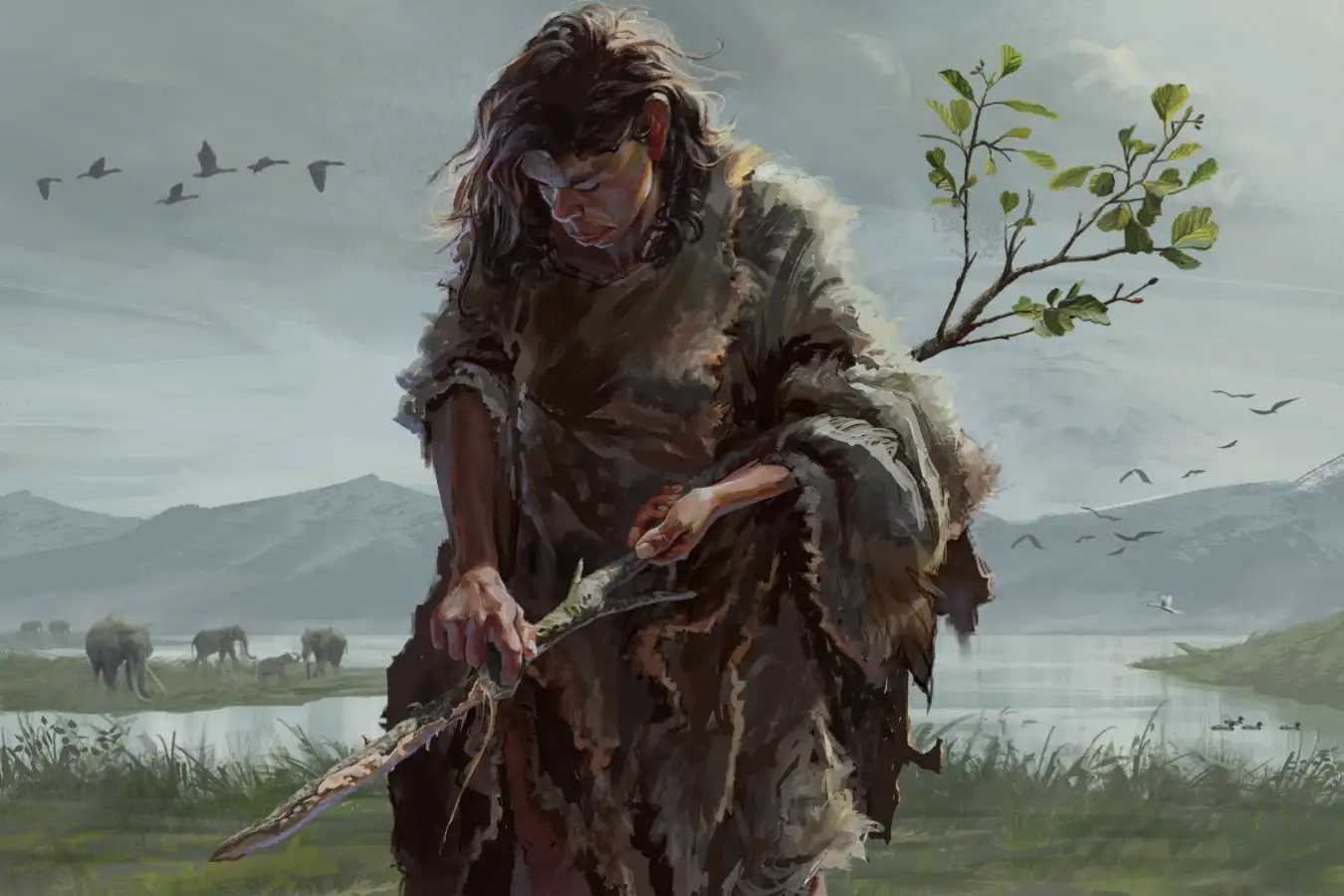 Женщина эпохи палеолита, изготавливающая палку-копалку из ствола ольхи В Греции нашли самые древние деревянные орудия в истории человечества